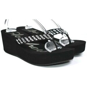 SKECHERS Women's Pinups Black Wedge Rhinestones Platform Thong Sandals Size 10